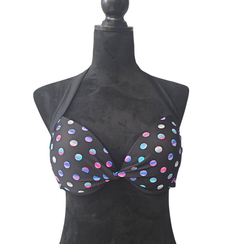 Tahiti Womens Large Black Holographic Polka Dot‎ Halter Underwire Bikini Top L